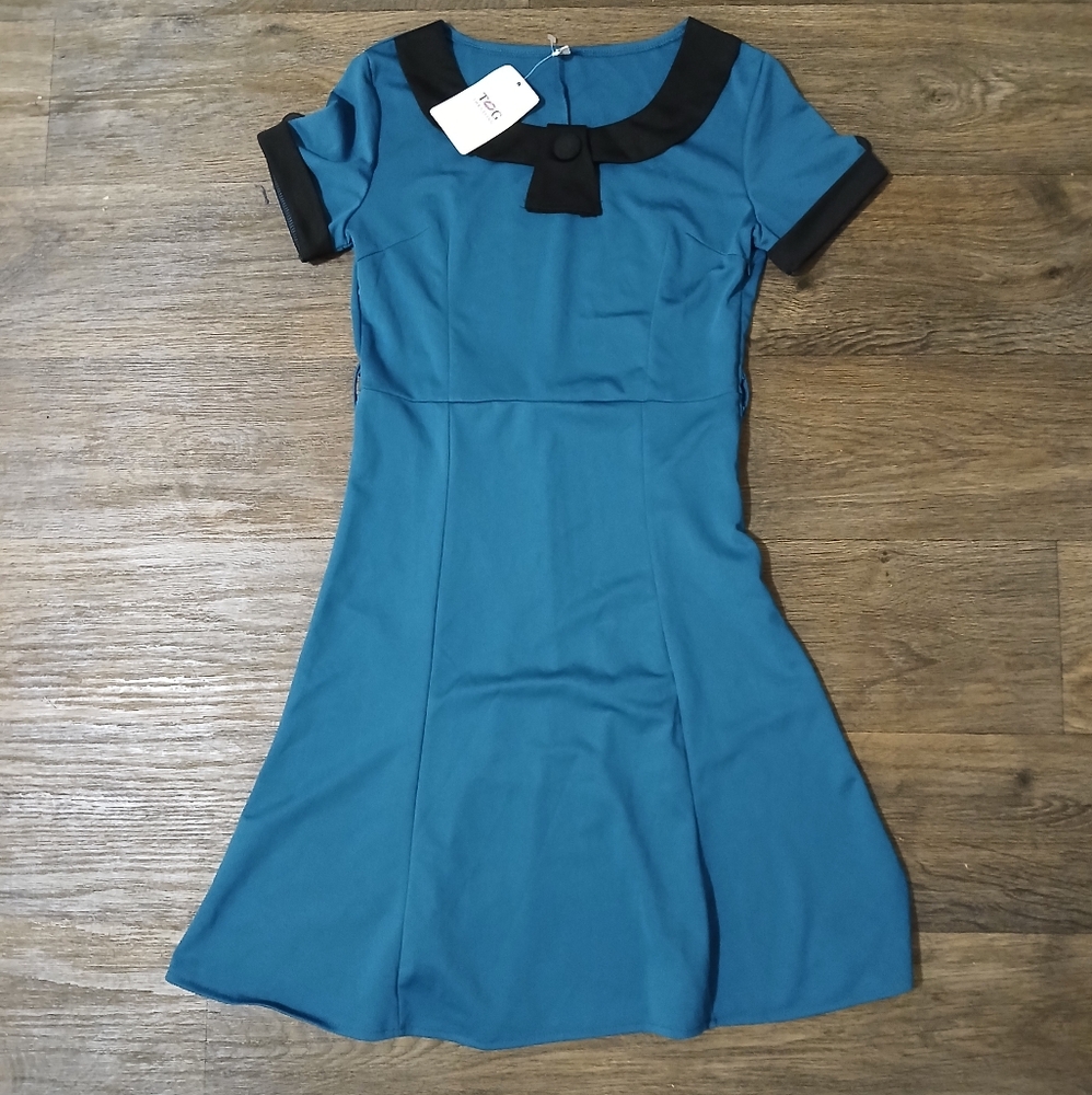 NWT Vintaged Inspired Rockabilly Teal Blue & Black Mod Dress.